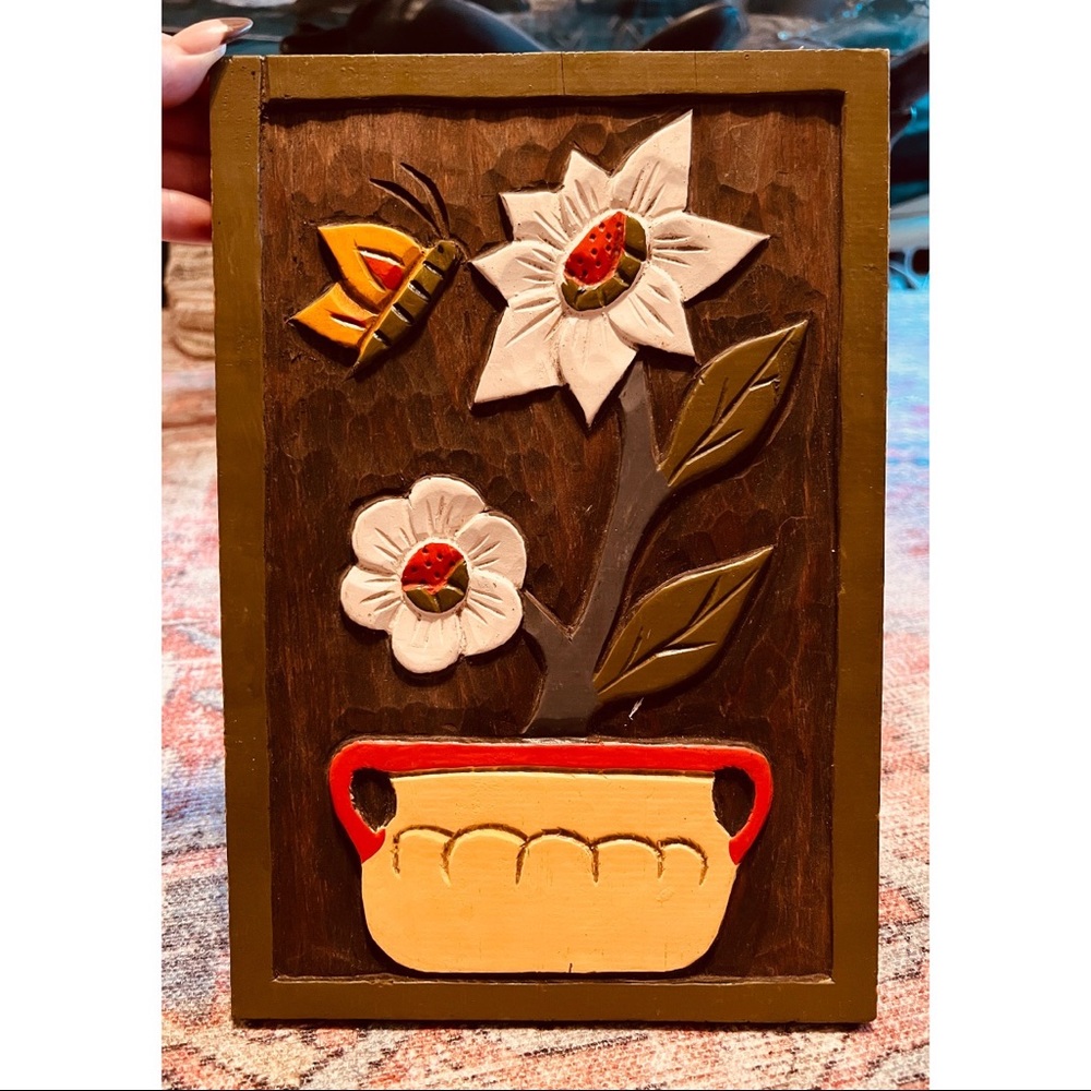 Wood Carved Butterfly & Flower Art